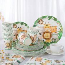 Green Rim Animal Print 7/9 Inch Disposable Dinnerware Set, Paper Plates Napkins Cups, Birthday Party Supplies Decorations, Disposable Paper Plates Napkins Cups Suitable For Party Decorations