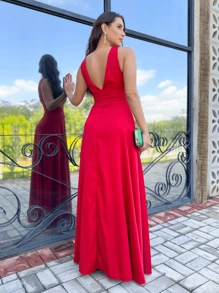 FASHIONISTA LONG SATIN WEDDING GRADUATION PARTY DRESS - 紅色 - 查看 2