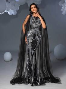 Faeriesty 优雅迷人的图案亮片斗篷袖美人鱼下摆正式派对礼服、晚礼服、长裙和闪光连衣裙 - 黑色 - 查看 4