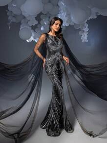 Faeriesty 优雅迷人的图案亮片斗篷袖美人鱼下摆正式派对礼服、晚礼服、长裙和闪光连衣裙 - 黑色 - 查看 1