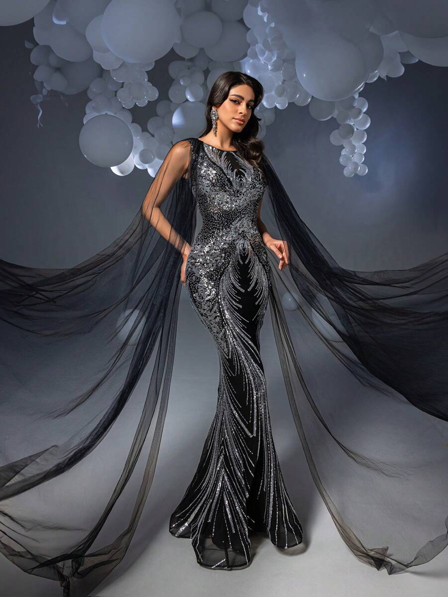 Faeriesty 优雅迷人的图案亮片斗篷袖美人鱼下摆正式派对礼服、晚礼服、长裙和闪光连衣裙 - 黑色 - 查看 1