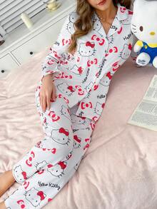 Sanrio 2pcs HELLO KITTY Women's Printed Front Button Long Sleeve Pajama Top And Elastic Waist Long Pants Cute Sleepwear Set - White - View 4