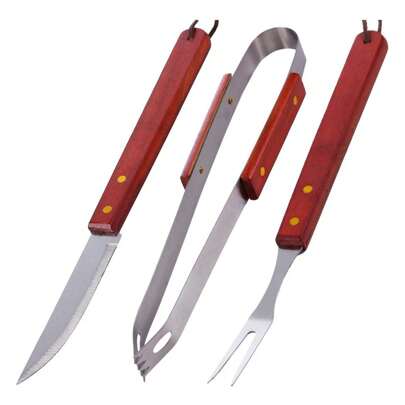 Kit Churrasco Carnes 3 Peças Faca, Garfo E Pegador De Aço Inoxidável
