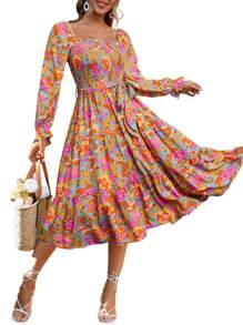 Womens Long Sleeve Maxi Floral Dress Casual Square Neck Long Flowy Boho Dresses - 綠色橙花 - 查看 1
