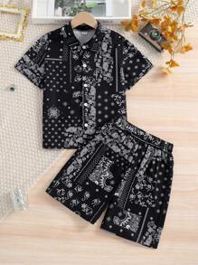 Tween Boy Fashion Paisley Print Woven Polo Collar Short Sleeve Shirt & Elastic Waist Casual Shorts 2-Piece Set, Suitable For Summer, Daily, Party & Vacation