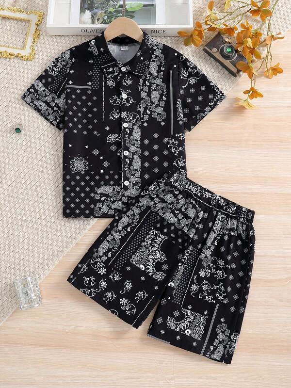 Tween Boy Fashion Paisley Print Woven Polo Collar Short Sleeve Shirt & Elastic Waist Casual Shorts 2-Piece Set, Suitable For Summer, Daily, Party & Vacation