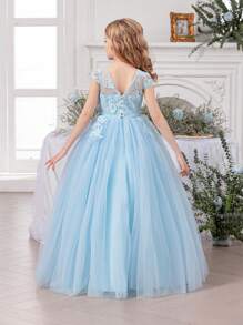 Tween Girl Independence Day Bow Embroidered Mesh Party Dress, Elegant Princess Dress, Suitable For Girls' Dresses, Birthday Party Gifts, Prom Parties, Important Occasions, Flower Girl Dresses, Wedding Dresses, Holiday Celebration Outfits,Blue Dresses For Girls,Thanksgiving Dress