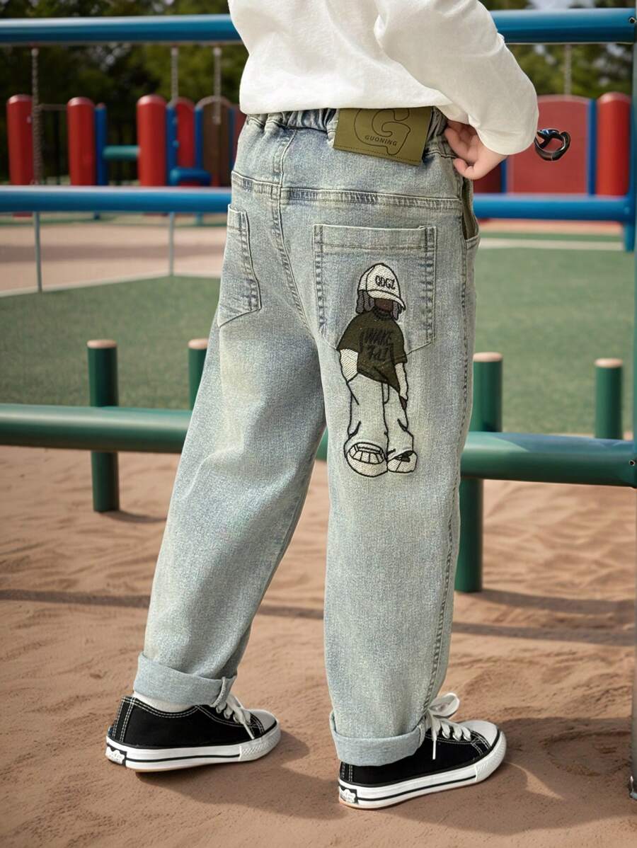 Young Boy Fashionable Back Pocket Cartoon Embroidery Elastic Denim Jeans, Spring