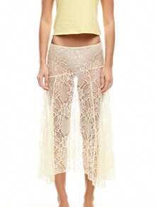 Women Sheer Lace Skirt Flower See Through Low Waist Casual Midi Skirt 2025 Clothing - Yellow - View 1