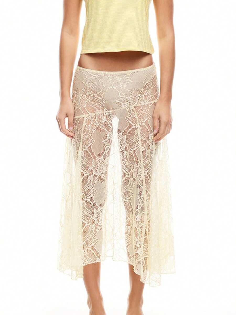 Women Sheer Lace Skirt Flower See Through Low Waist Casual Midi Skirt 2025 Clothing - Yellow - View 1