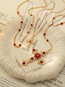 3pcs Beaded Necklace Set, Y-Shaped Chain Cross Necklace, Layered Beaded Necklace, Red Necklace, Layered Crystal Chain Necklace With Cross Pendant - Multicolor - View 3