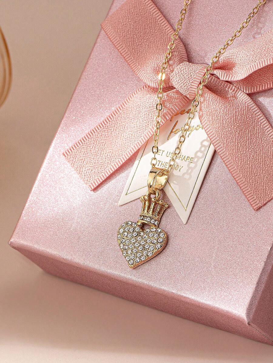 1pc Fashionable & Elegant Gold Metal Heart Crown Rhinestone Pendant Necklace, Suitable For Women's Daily, Date, Valentine's Day Outfit - Yellow Gold - View 1
