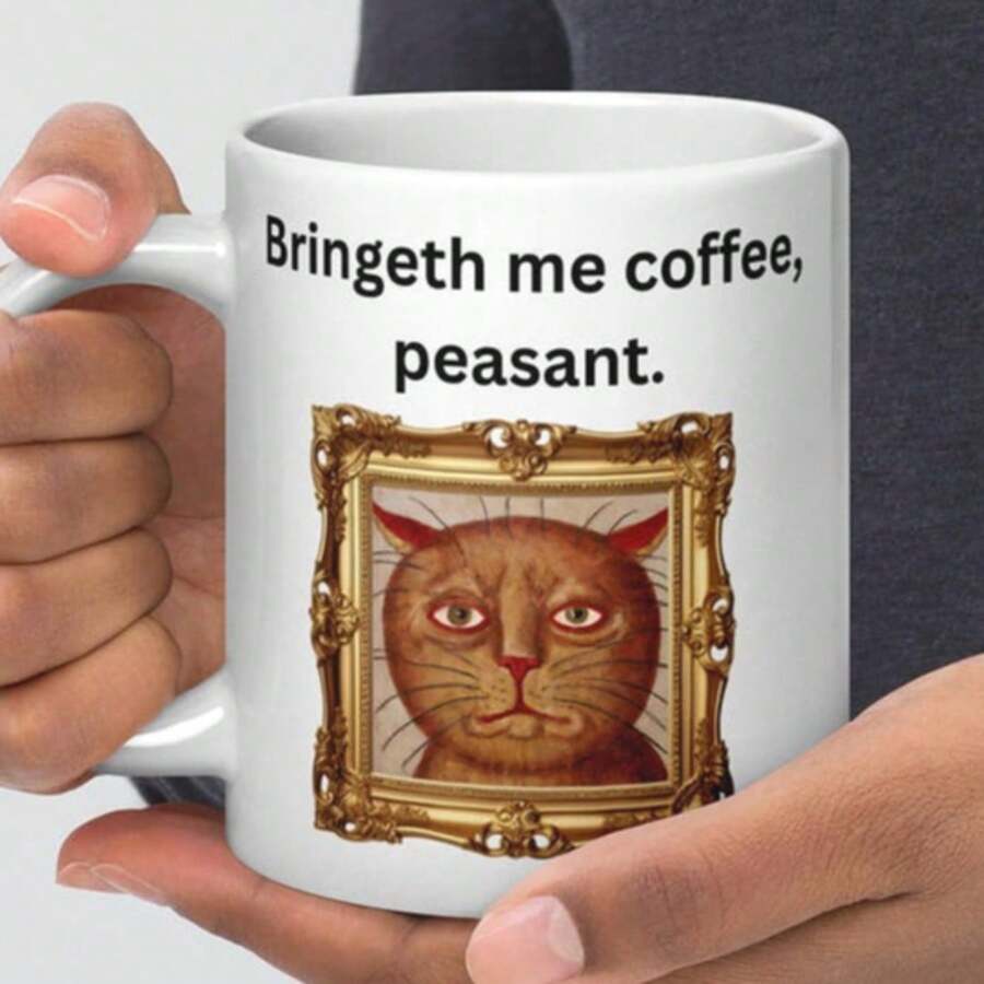 Weird Medieval Cat Mug, Funny Ugly Cats Coffee Cup, Cat Lover Gift, 11 OZ - White - View 1