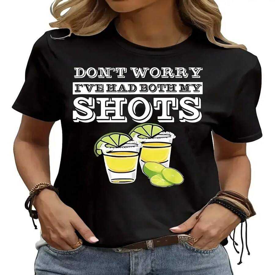 Lemon Juice & Letter Print  T-Shirt Short Sleeve Crew Neck Casual Top For Summer & Spring Women's Clothing - Black - View 1