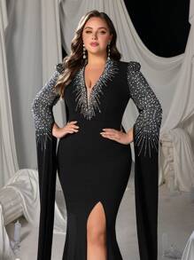 Curve Plus Elegant V-Neck Evening Gown With Beaded Long Sleeves, High Slit & Mermaid Hem – Perfect For Galas, Red Carpet Events, Weddings, Upscale Parties, Formal Occasions