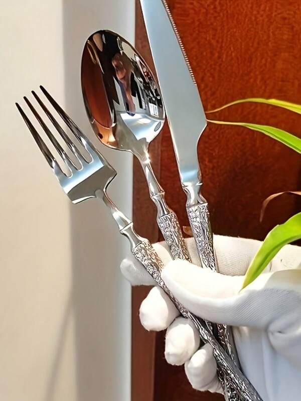 Creative Hammer Design Stainless Steel Kitchen Utensil Set With Handles In Gold & Silver Colors, Including Fork, Knife, Spoon, Dishwasher Safe, Suitable For Home, Restaurant, Hotel, Party, Wedding