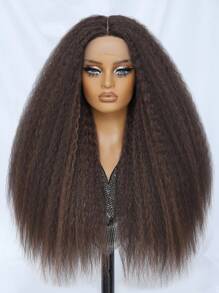 Kinky Straight Lace Front Wig 28Inch Synthetic T-Part 13x5x1 Long Lace Wigs Afro Yaki Straight Wigs Ombre Brown