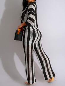Women Hollow Out Striped Single-Breasted Knitted Top And Wide-Leg Pants Set