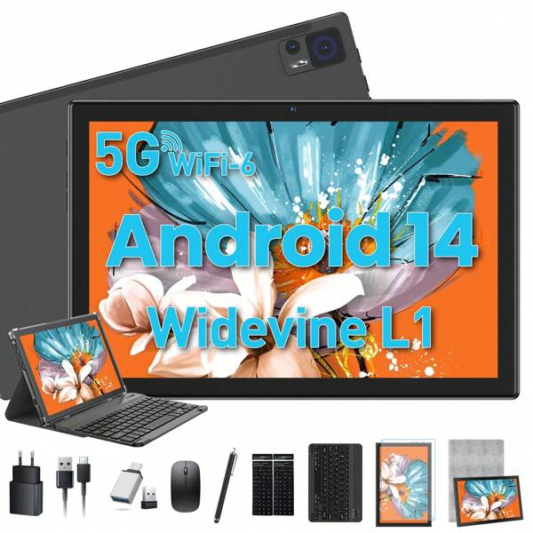 2025 Última tableta Tableta Android 14 de 10 pulgadas 64GB ROM (TF 1TB), Tablet PC con tabletas 5G WiFi6, Widevine L1, 13+8 MP, Octa-Core, 7000mAh, Tipo-C, Tableta 3 en 1 con teclado Mouse Pen - Gris