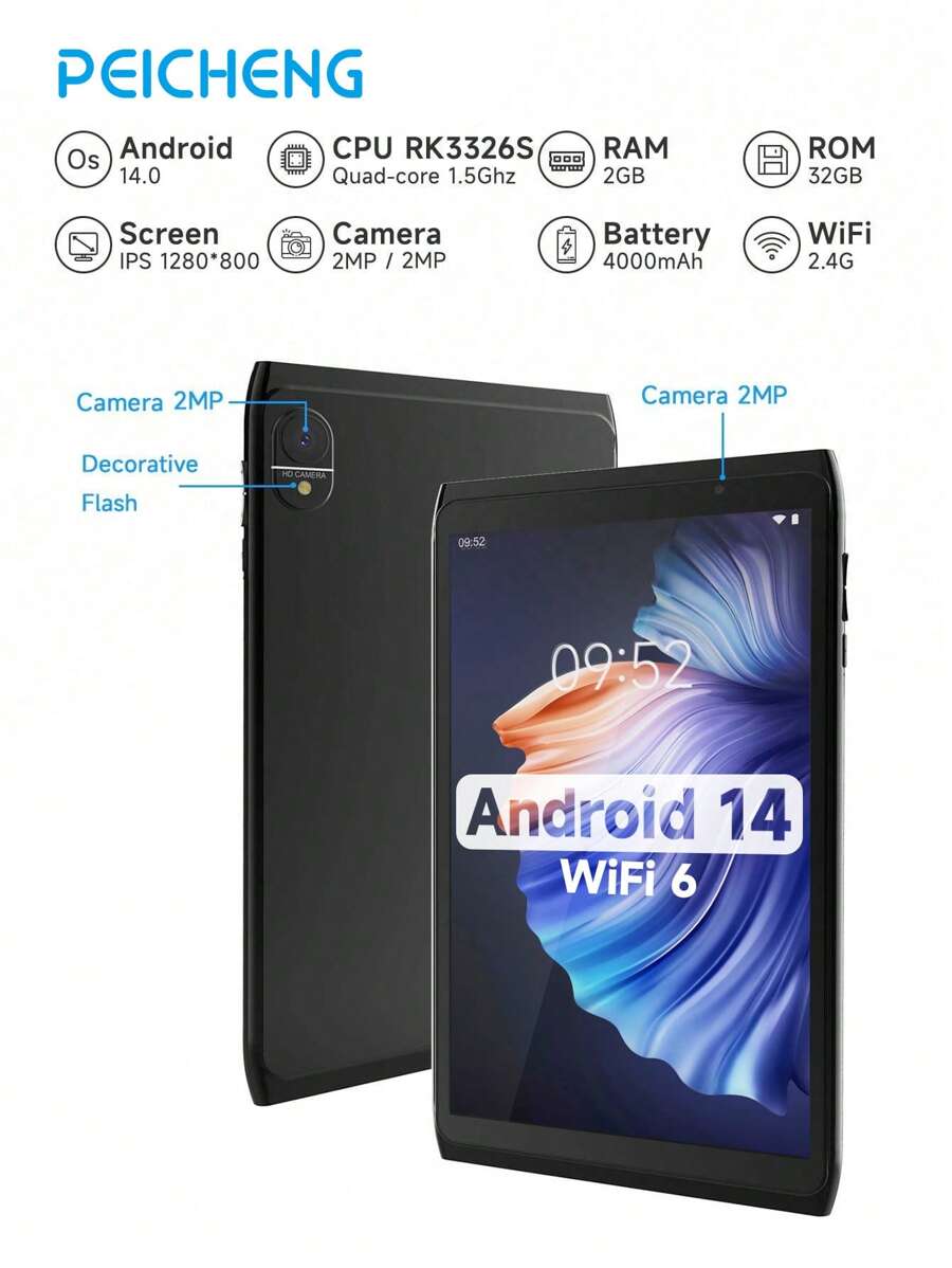 PEICHENG CP81 Android 平板电脑 8 英寸 WiFi 平板电脑，Android 14/RK3326S 4 核 1.5Ghz/2GB RAM 32GB ROM/1280x800 IPS 高清触摸屏/2MP+2MP 双摄像头/2.4G WiFi/BT 4.0/4000mAh 电池/支持 512GB SD 扩展（无适配器） - 黑色 - 查看 1