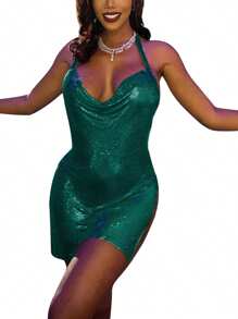 Women Bodycon Slit Dress Halter Neck Backless Glitter Mini Dress For Night Clubs Bars Party Female Outfits Clubwear - Green - View 2
