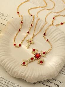 3pcs Beaded Necklace Set, Y-Shaped Chain Cross Necklace, Layered Beaded Necklace, Red Necklace, Layered Crystal Chain Necklace With Cross Pendant - Multicolor - View 2