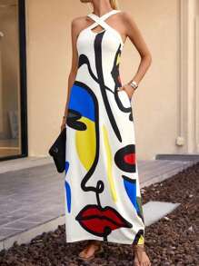 Spring And Summer Women's Cross V Neck Art Graffiti Print Maxi Modest Elegant Casual Sundresses,Vacation Beach Outfits / Cover Ups,Valentine's Day / Mardi Gras / Easter Outfits - Nhiều màu - Xem 4