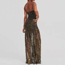 Vestido largo de mujer de tipo top tubo, sin tirantes, sin espalda, con parches de malla, estampado de leopardo, con abertura alta, vestido largo para fiesta, club nocturno y ropa de fiesta