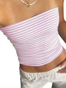 Women Y2k Strapless Tube Top Striped Print Slim Fit Bandeau Crop Tops Off Shoulder Backless Summer Cami Tops - 粉色 - 查看 2