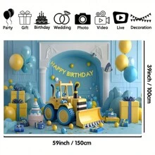 Bannière de toile de fond pour fête d'anniversaire sur le thème de la construction - Polyester décorations d'excavatrice et de bulldozer en arrière-plan, convient pour toutes les occasions et saisons - Photographie d'intérieur/extérieur multifonctionnelle - 1 pièce, nappe, rideau
