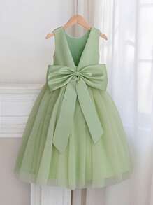 少女浅绿色花童礼服,大蝴蝶结,长款正式伴娘礼服 - 綠色 - 查看 8