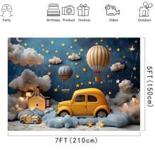 1pc Dream Sky And Balloons Birthday Party Background Banner, Polyester Material, Multi-Size, Cloud And Star Themed Photography Background, Yellow Vehicle And Hot Air Balloon, Multi-Functional Decoration For Birthdays, Baths, Cake Table, Photo Studio, No Electricity Required