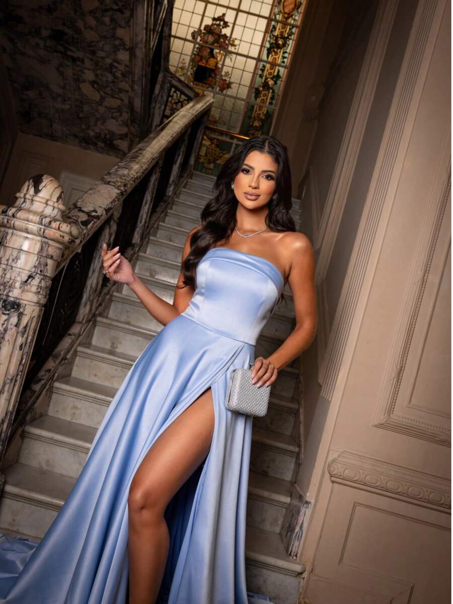 Long Party Dress With Slit Strapless Pocket Flared Bridesmaid Elegant Event Prom Civil Wedding - Blue Serenity - View 1