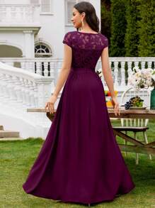 MIUSOL Vestido elegante de chifón para fiesta formal, boda o evento, con cuello en V de encaje floral, mangas cortas y bajo plisado