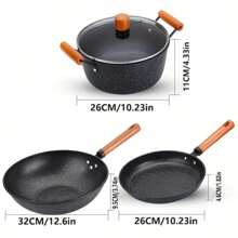 3 pièces Set de batterie de cuisine en fonte avec pierre de Maifan anti-adhésive - comprend une poêle à frire, une casserole et une marmite à soupe avec des poignées en bois - Cuisson sans huile pour la maison et le restaurant, compatible avec les cuisinières à gaz et à induction