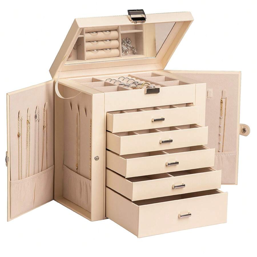 Frebeauty Large Jewelry Box,6-Tier PU Leather Jewelry Organizer,Multi-Functional Storage Case With Mirror,Accessories Holder With 5 Drawers For Necklace Bracelets Watches - Màu be - Xem 1