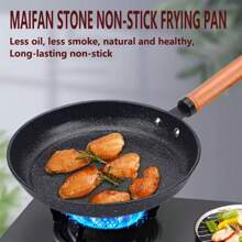 3 pièces Set de batterie de cuisine en fonte avec pierre de Maifan anti-adhésive - comprend une poêle à frire, une casserole et une marmite à soupe avec des poignées en bois - Cuisson sans huile pour la maison et le restaurant, compatible avec les cuisinières à gaz et à induction
