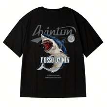 Men Tshirt Oversized Fashion Cartoon Shark Attack Print Shirt Men Short Sleeve Tee Summer Casual Loose Round Neck Tops 71106