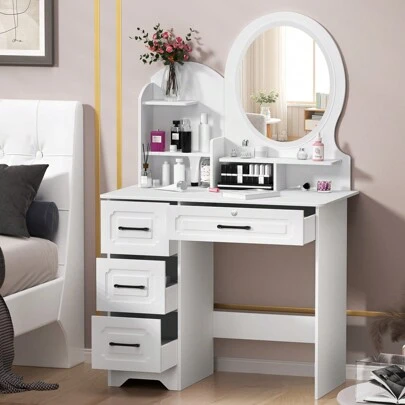 Makeup Desk With Mirror, Large Vanity Desk With Storage Shelves, 4 Drawers, Makeup Vanity Table With Light, Bedroom Dressing Table