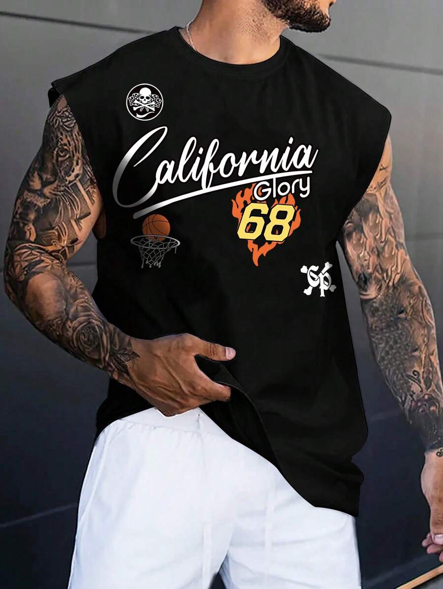 Lonblece 男式无袖背心，印有城市名称、口号、篮球、火焰和心形图案，适合春夏季休闲 - 黑色 - 查看 1