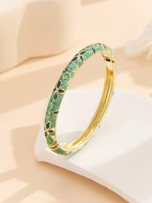 1pc Fashionable Gold-Plated Floral Enamel Oval Bangle Bracelet, Jewelry For Women & Girls - Flower - View 4