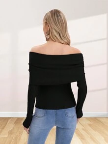 Blusa tipo strapless con hombros descubiertos con resorte en hombros de manga larga - Negro - Ver 2
