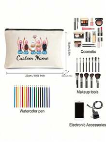 Custom Bridesmaids Name Bridal Print Zipper Cosmetic Bag, Travel Toiletry Storage Bag For Bachelorette Party Wedding, Team Bridal Print Portable Women's Cosmetic Bag, Toiletry Bag Multifunctional Bag Gift For Friends, Travel Cosmetic Bag