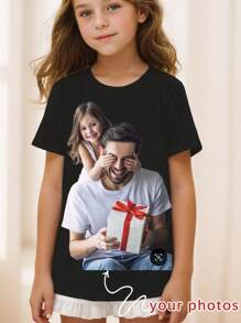 T-shirt décontracté personnalisé pour filles, style européen et américain, printemps/été. T-shirt de sport d'extérieur avec impression photo/famille/star/dessin animé/portrait personnel/animal de compagnie/bébé/ami. Idéal pour la rentrée scolaire, les anniversaires, les fêtes, le style casual, l'impression photo, les cadeaux de vacances, pour les amis, les surprises, les vacances. - Noir - Voir 2
