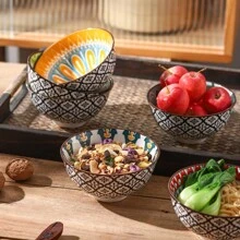 6pcs 4.72-Inch Glazed Ceramic Bowl Set, Bohemian Style Ceramic Bowls, Cereal Bowl, Soup Bowl, Dessert Bowl, Salad Bowl, Rice Bowl, Dishwasher/Oven/Microwave Friendly, Multi-Functional Kitchen & Dining Ware,School Supplies
