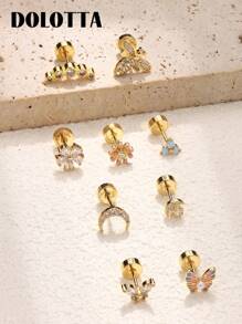 DOLOTTA 1PC 20G Brincos de cartilagem Stud para mulheres Brincos de aço cirúrgico com parte traseira plana Opala Borboleta Flor CZ Brincos de cartilagem Tragus Helix Piercing Jóias