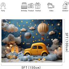 1pc Dream Sky And Balloons Birthday Party Background Banner, Polyester Material, Multi-Size, Cloud And Star Themed Photography Background, Yellow Vehicle And Hot Air Balloon, Multi-Functional Decoration For Birthdays, Baths, Cake Table, Photo Studio, No Electricity Required