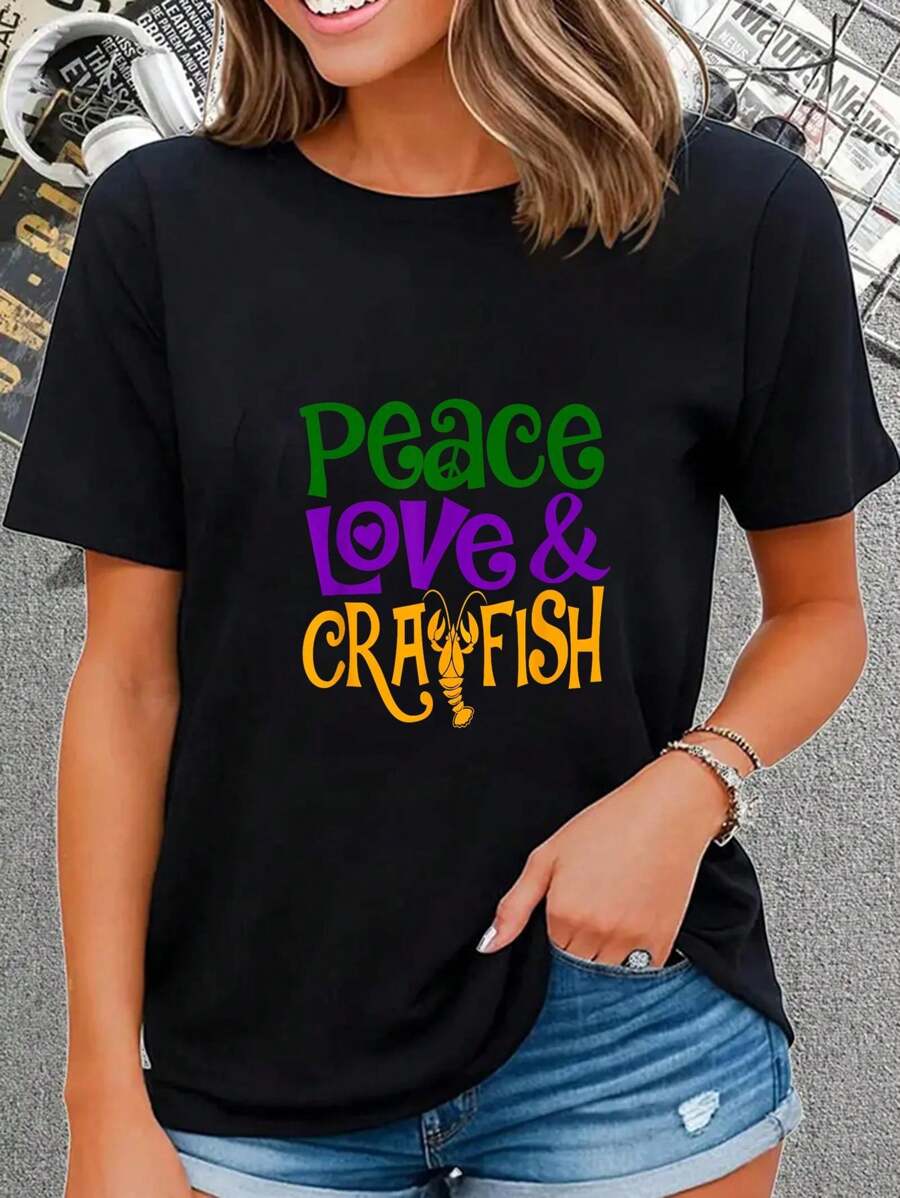 Camiseta informal de manga corta con texto en inglés "Paz, amor y cangrejos de río" en el festival de mariscos Mardi Gras