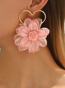 1 par de pendientes de mujer con corazón hueco y flores de tela - Rosa Pálido - Ver 1