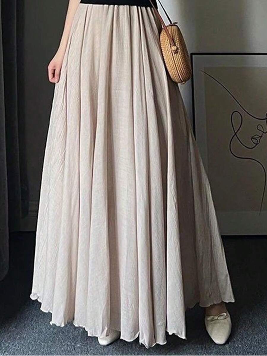 Women A-Line Long Skirt Solid Color Elastic Flowy Skirt High Waist Fold Pleated Skirt Maxi Women Outfit - Màu be - Xem 1